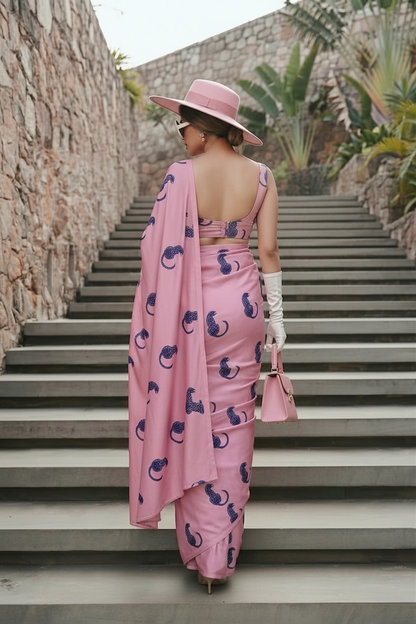 Blush Pink Leopard Print Silk Blend Saree