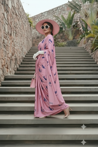 Blush Pink Leopard Print Silk Blend Saree