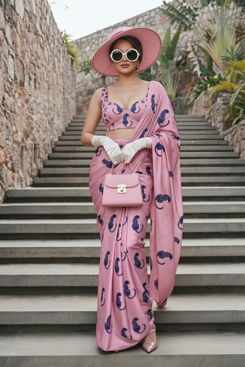 Blush Pink Leopard Print Silk Blend Saree