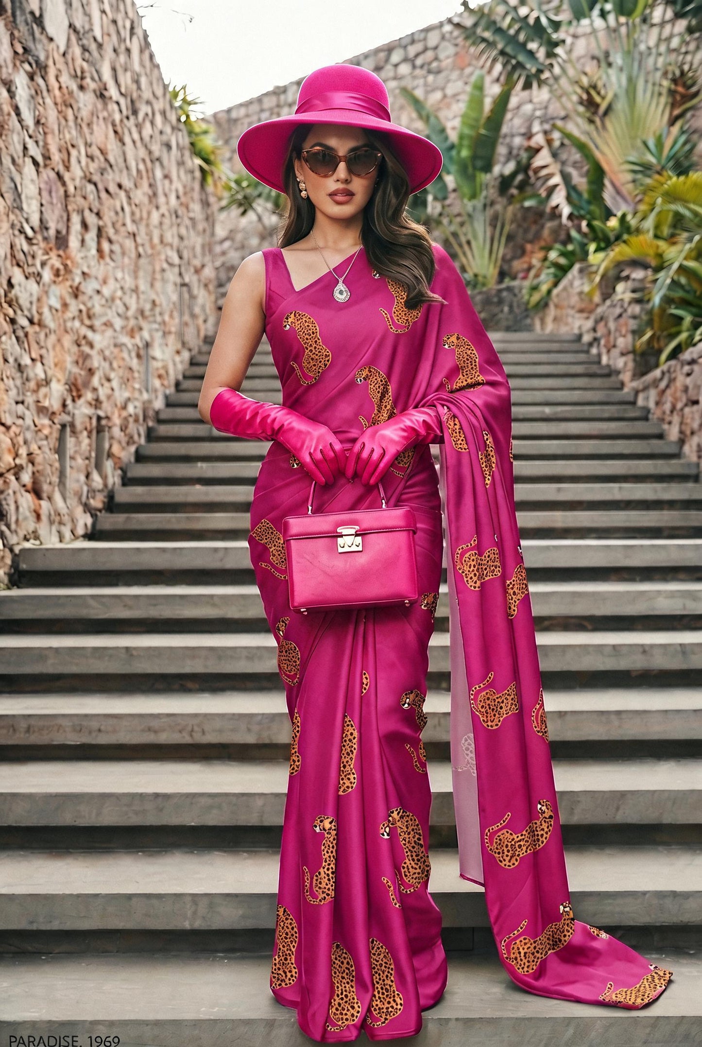 Magenta Cheetah Print Silk Blend Saree