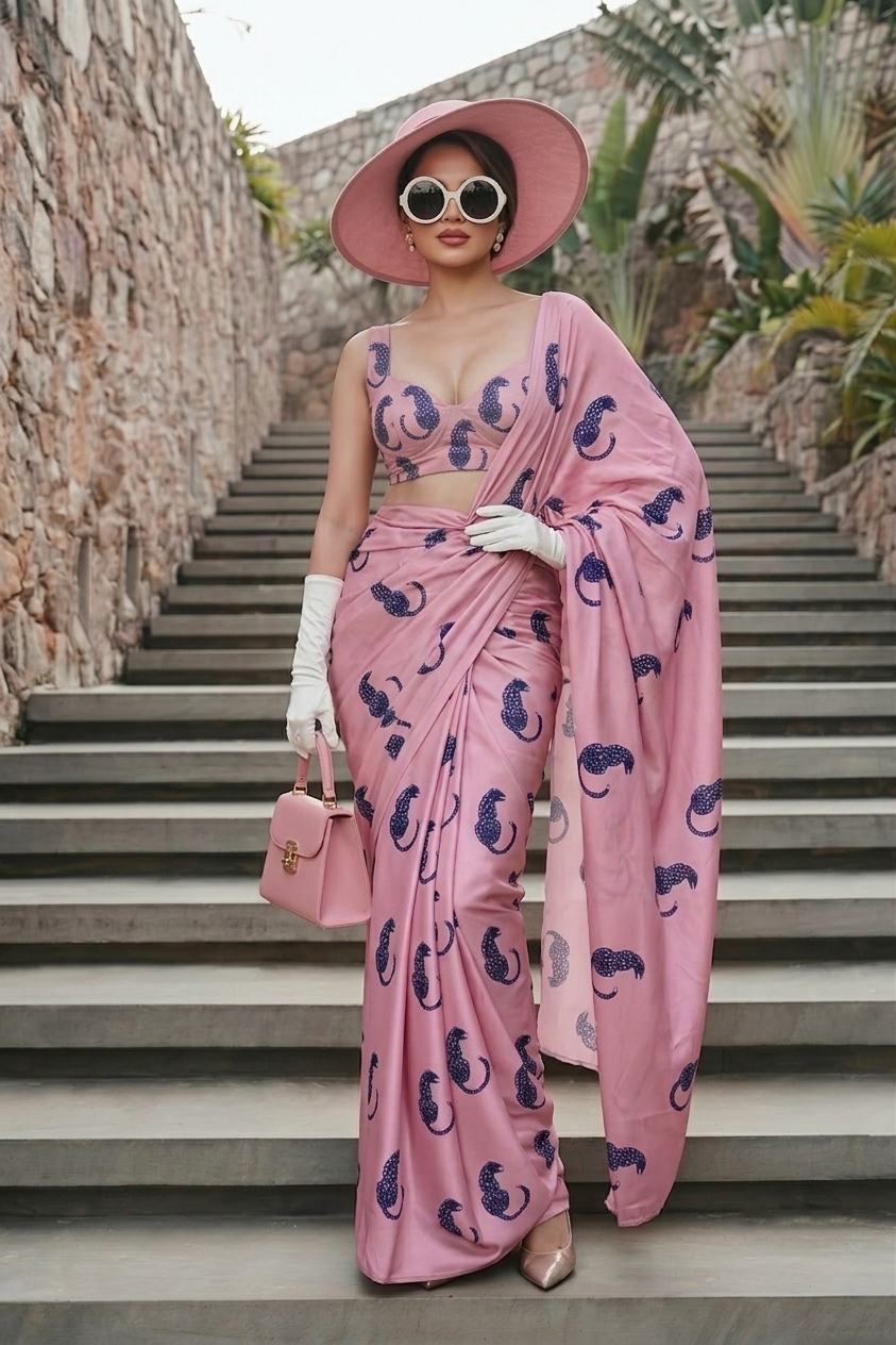 Blush Pink Leopard Print Silk Blend Saree