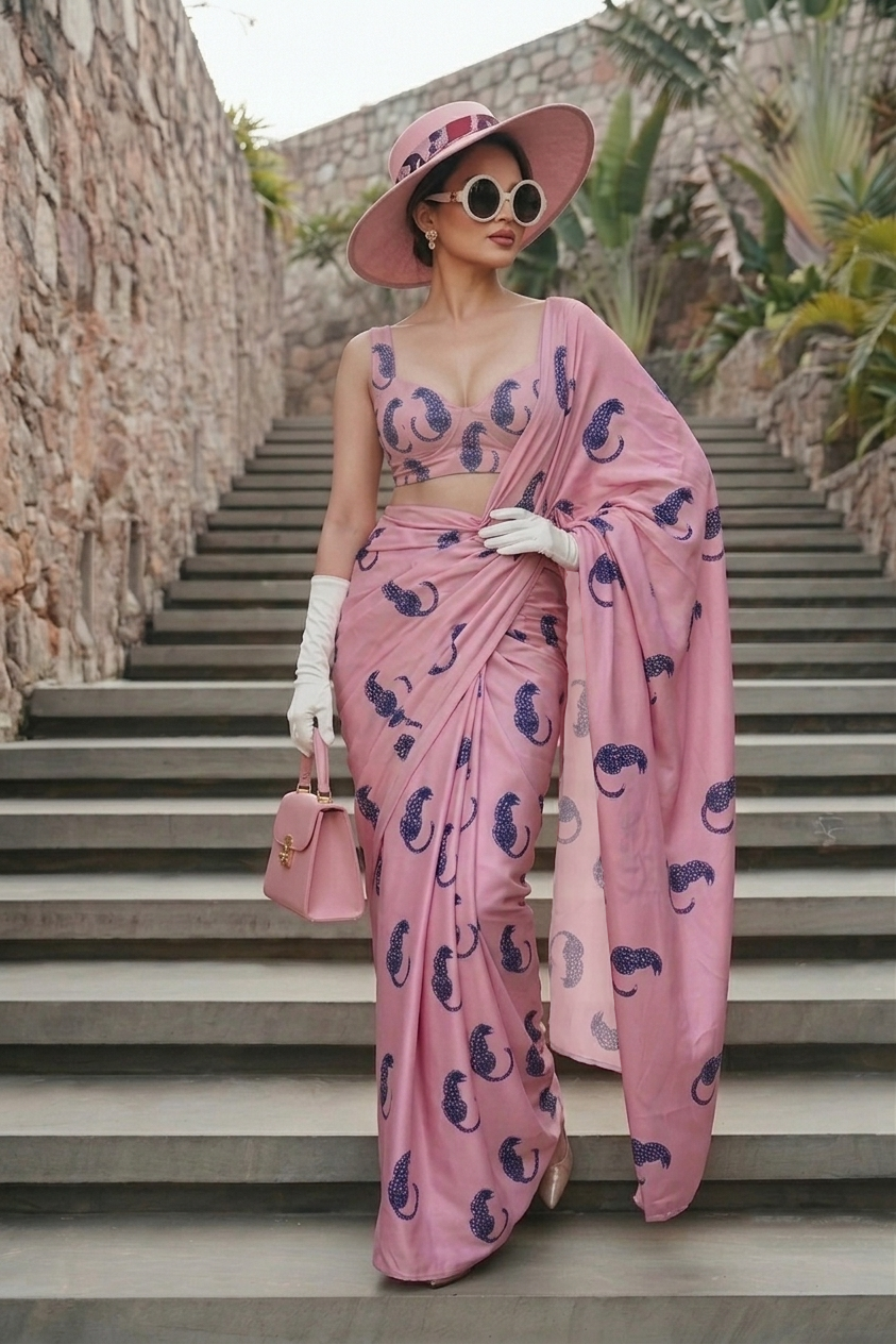 Blush Pink Leopard Print Silk Blend Saree