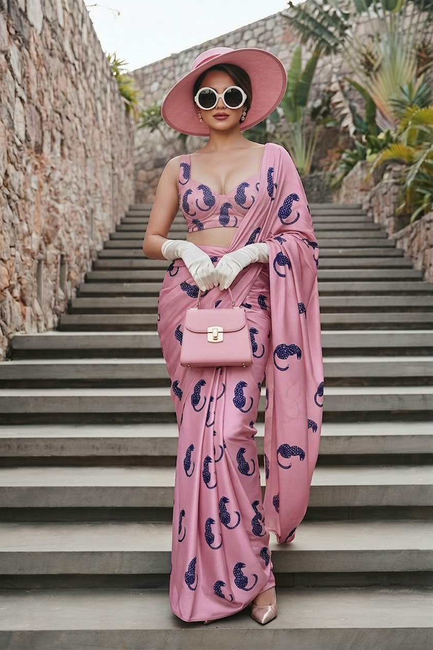 Blush Pink Leopard Print Silk Blend Saree