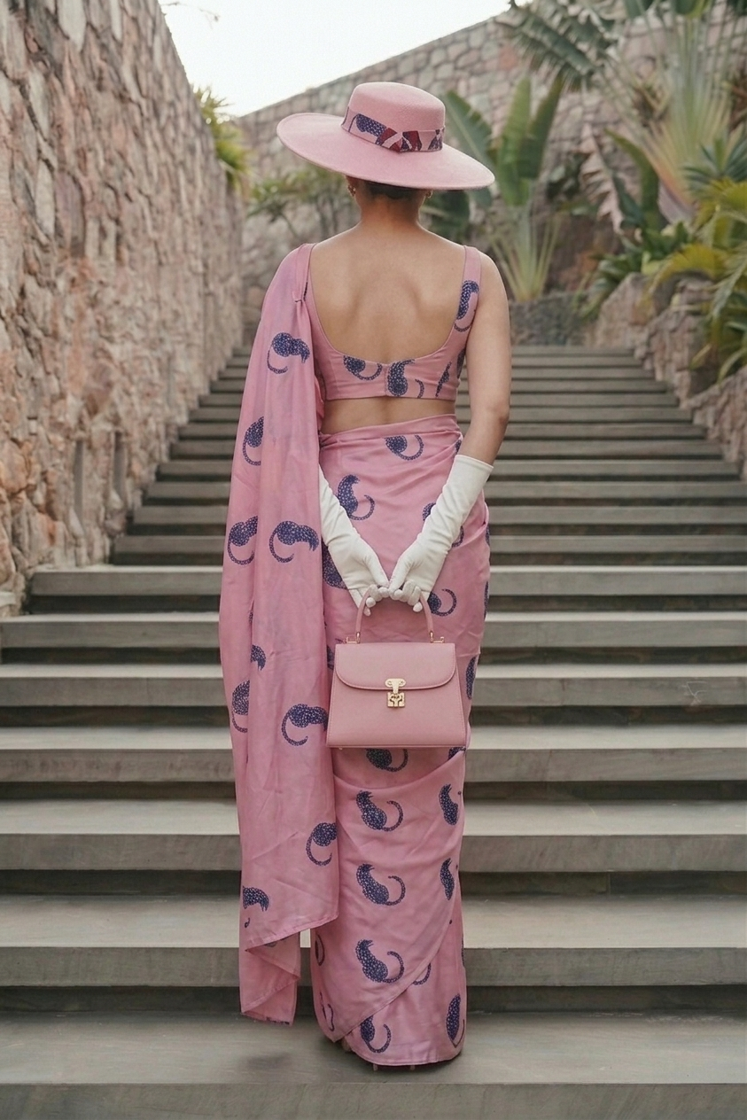 Blush Pink Leopard Print Silk Blend Saree