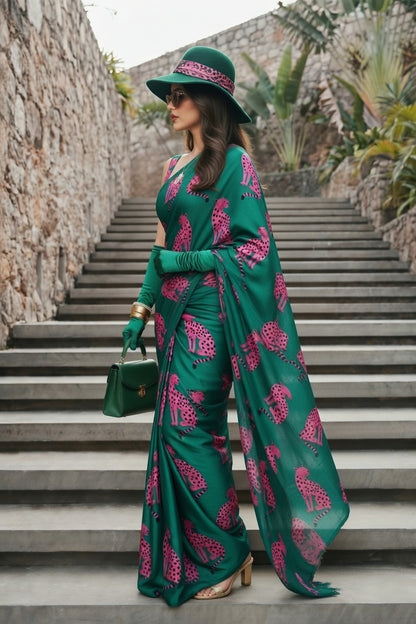 Emerald Green Cheetah Print Silk Blend Saree