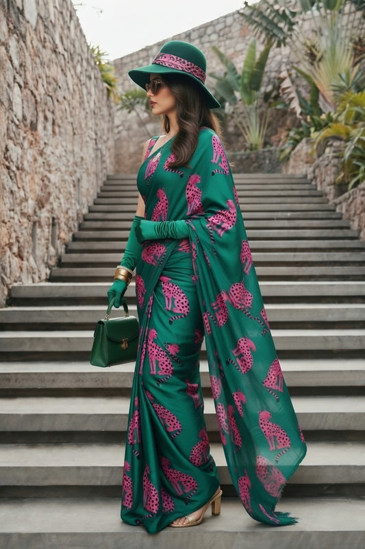 Emerald Green Cheetah Print Silk Blend Saree
