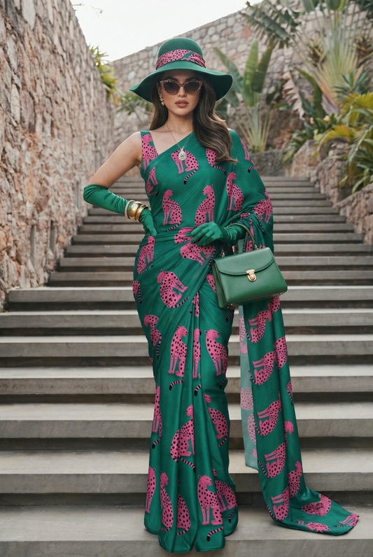 Emerald Green Cheetah Print Silk Blend Saree