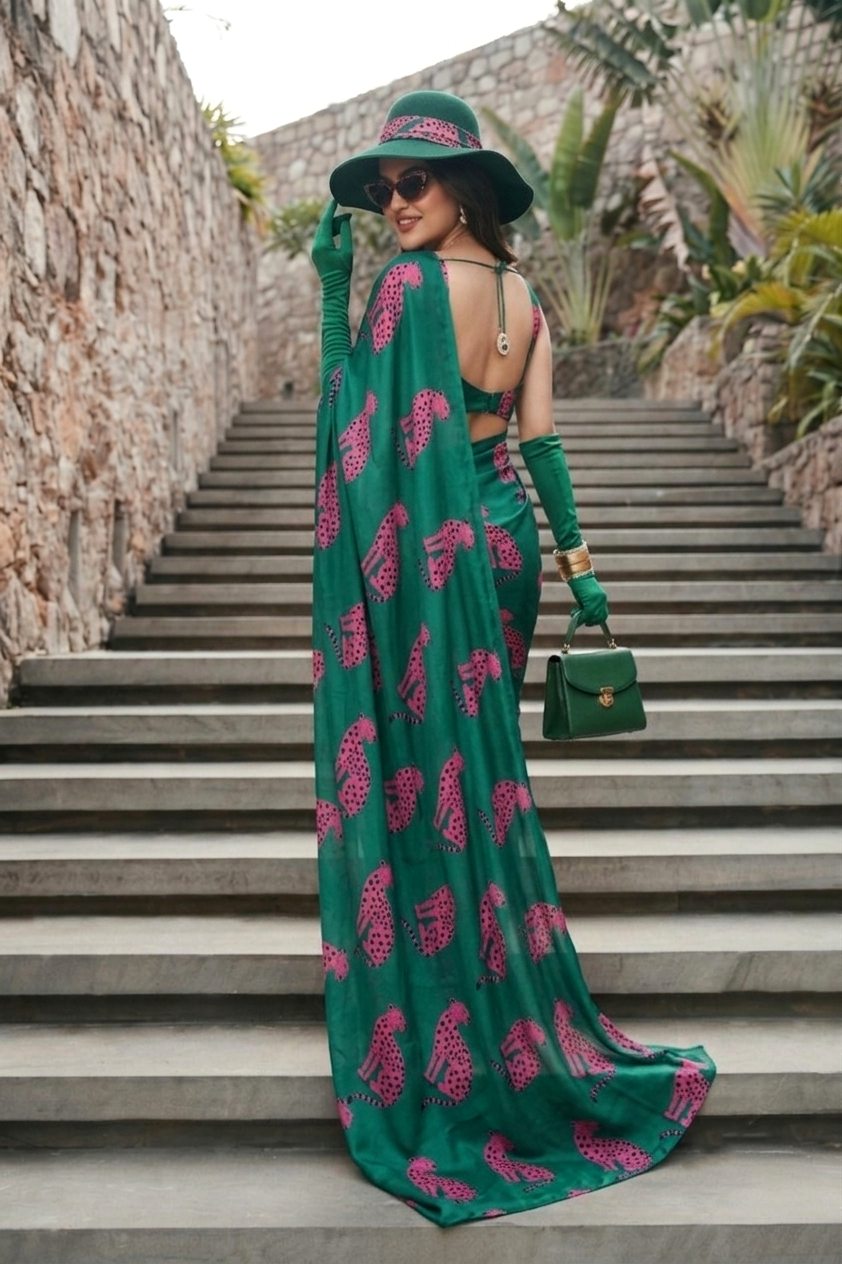 Emerald Green Cheetah Print Silk Blend Saree