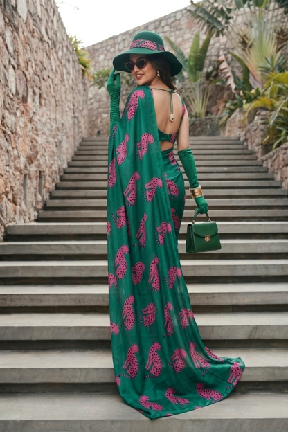 Emerald Green Cheetah Print Silk Blend Saree