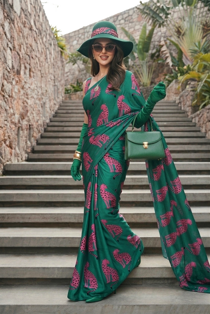 Emerald Green Cheetah Print Silk Blend Saree