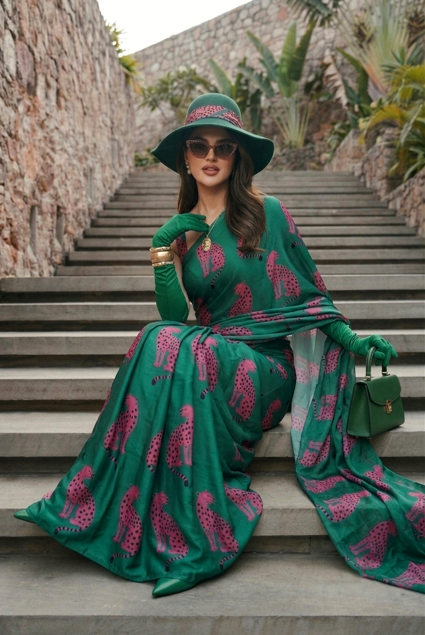 Emerald Green Cheetah Print Silk Blend Saree