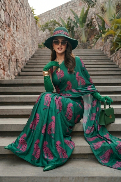 Emerald Green Cheetah Print Silk Blend Saree