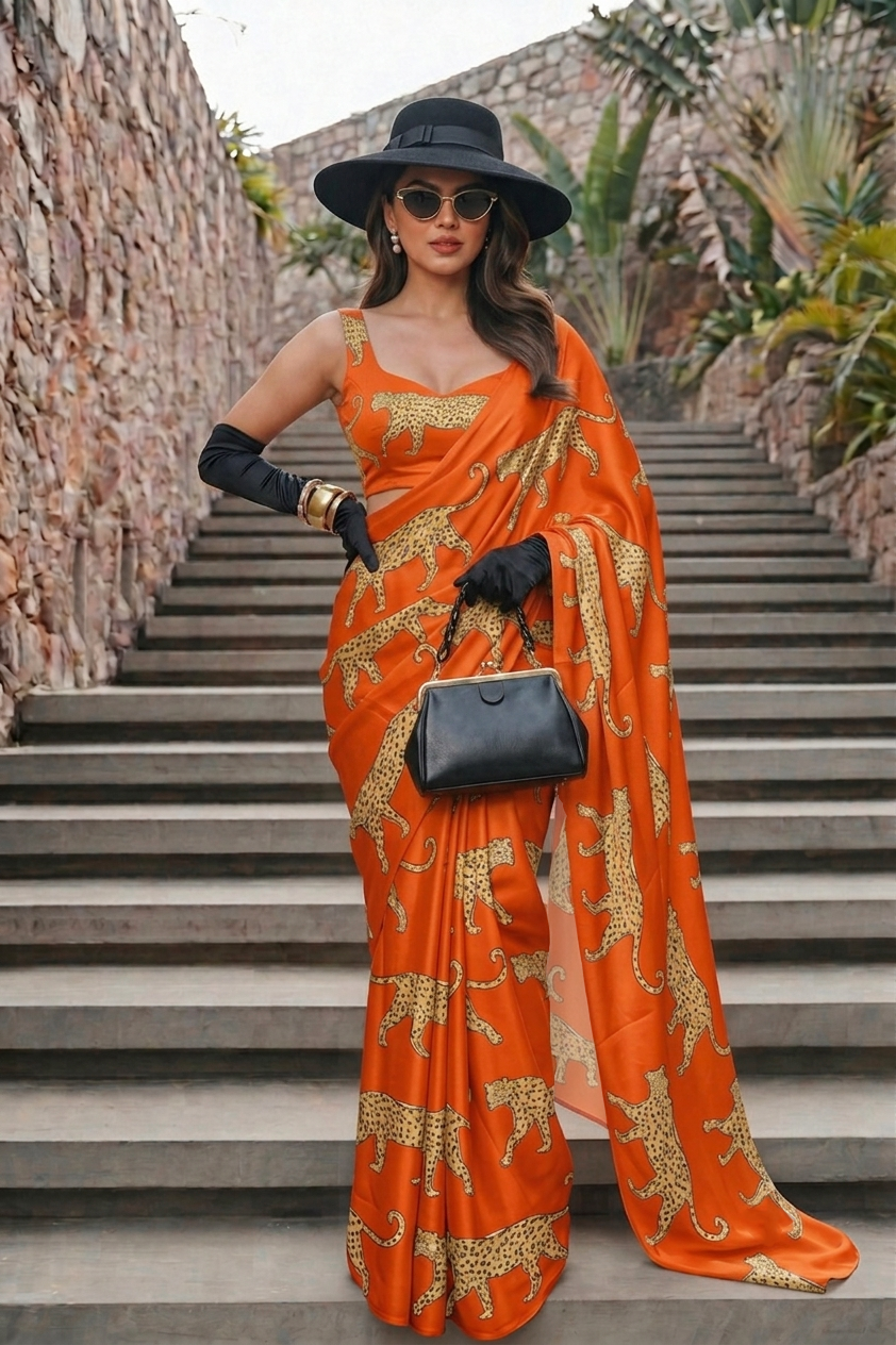 Spice Orange Cheetah Print Silk Blend Saree
