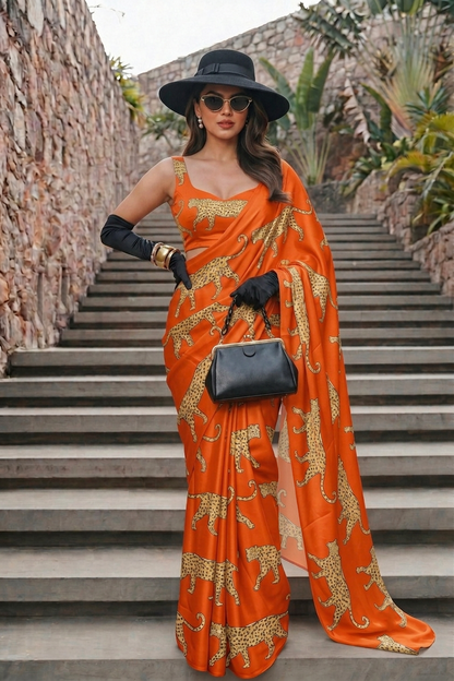 Spice Orange Cheetah Print Silk Blend Saree