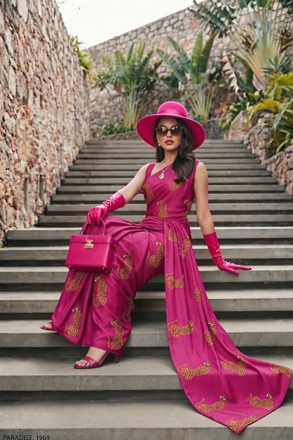 Magenta Cheetah Print Silk Blend Saree