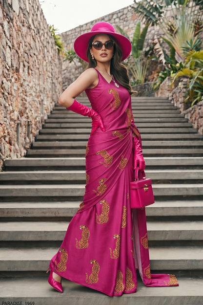 Magenta Cheetah Print Silk Blend Saree