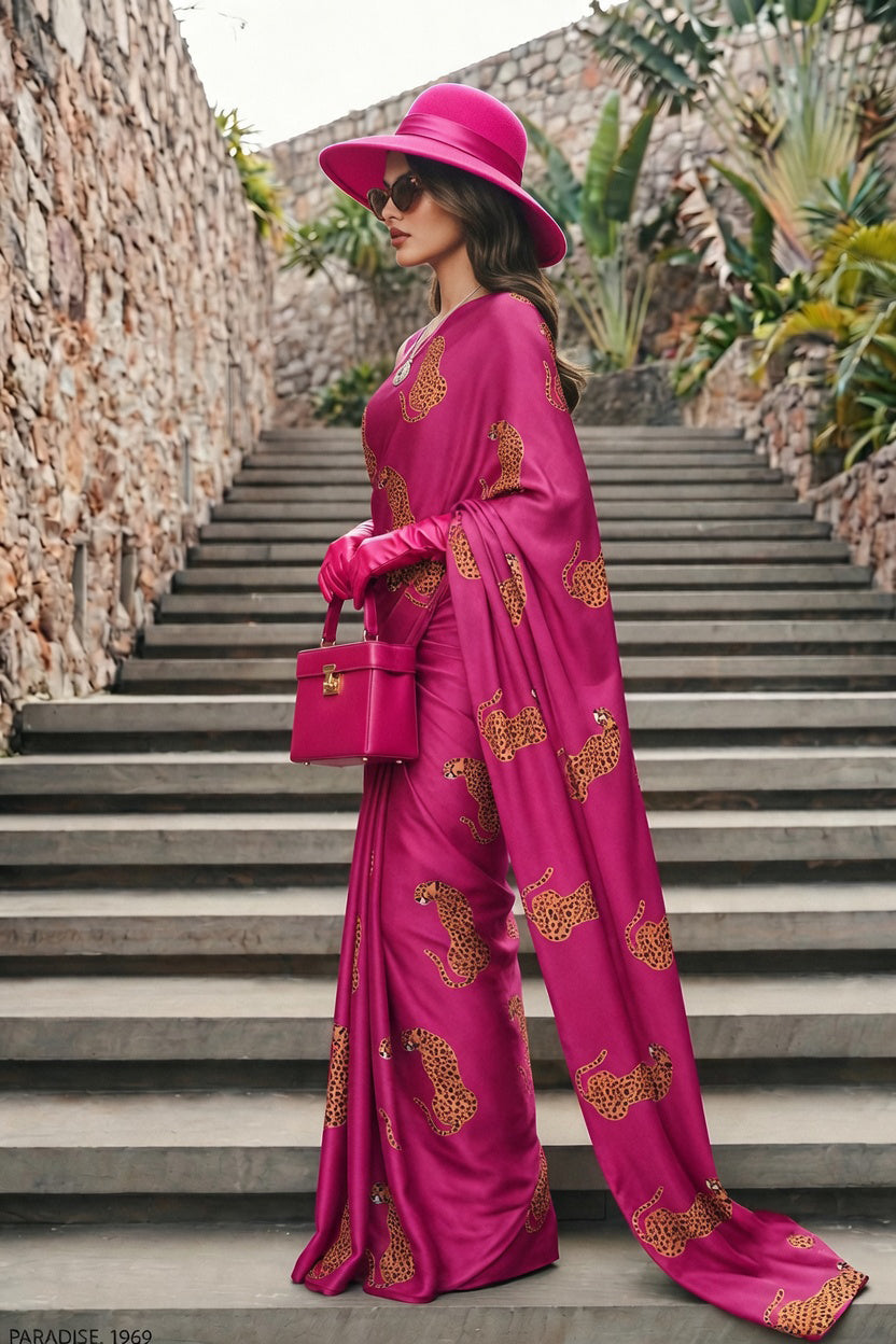 Magenta Cheetah Print Silk Blend Saree