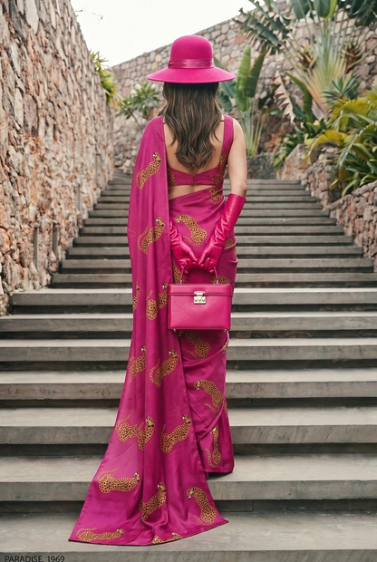 Magenta Cheetah Print Silk Blend Saree