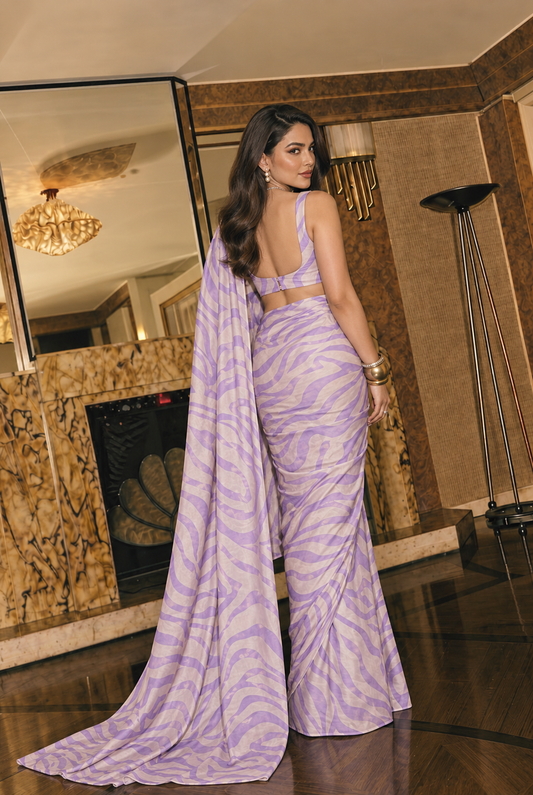 Lavender Zebra Print Silk Blend Saree