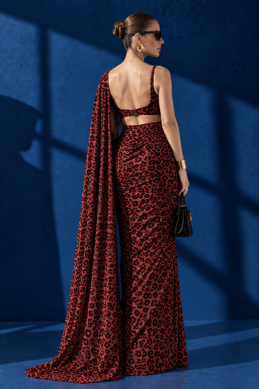 Red Dark Leopard Print Silk Blend Saree