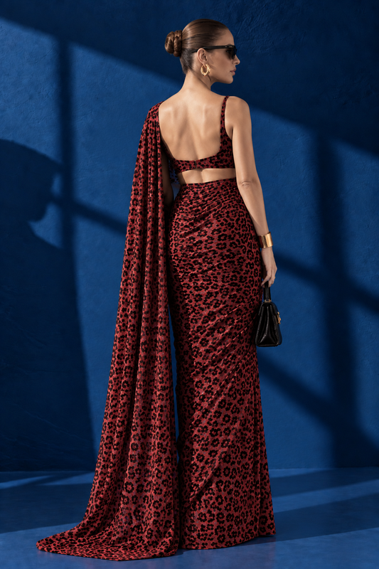 Red Dark Leopard Print Silk Blend Saree