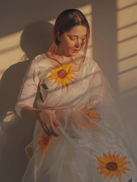 White Sunflower Organza Saree