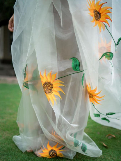 White Sunflower Organza Silk Saree