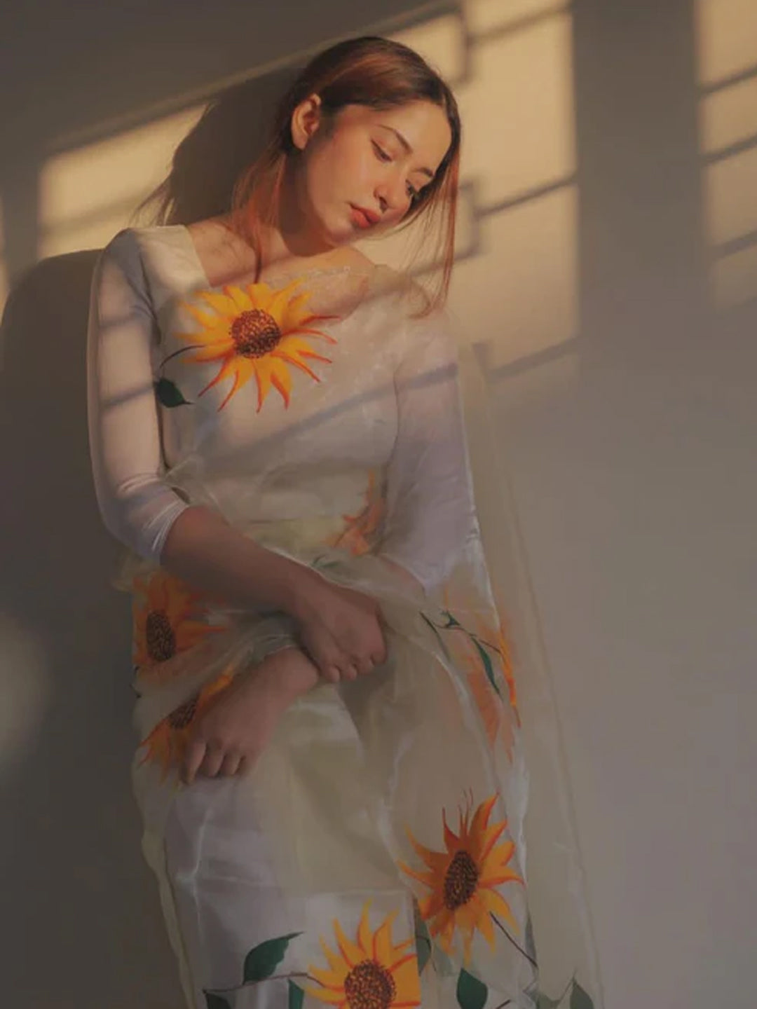 White Sunflower Organza Saree