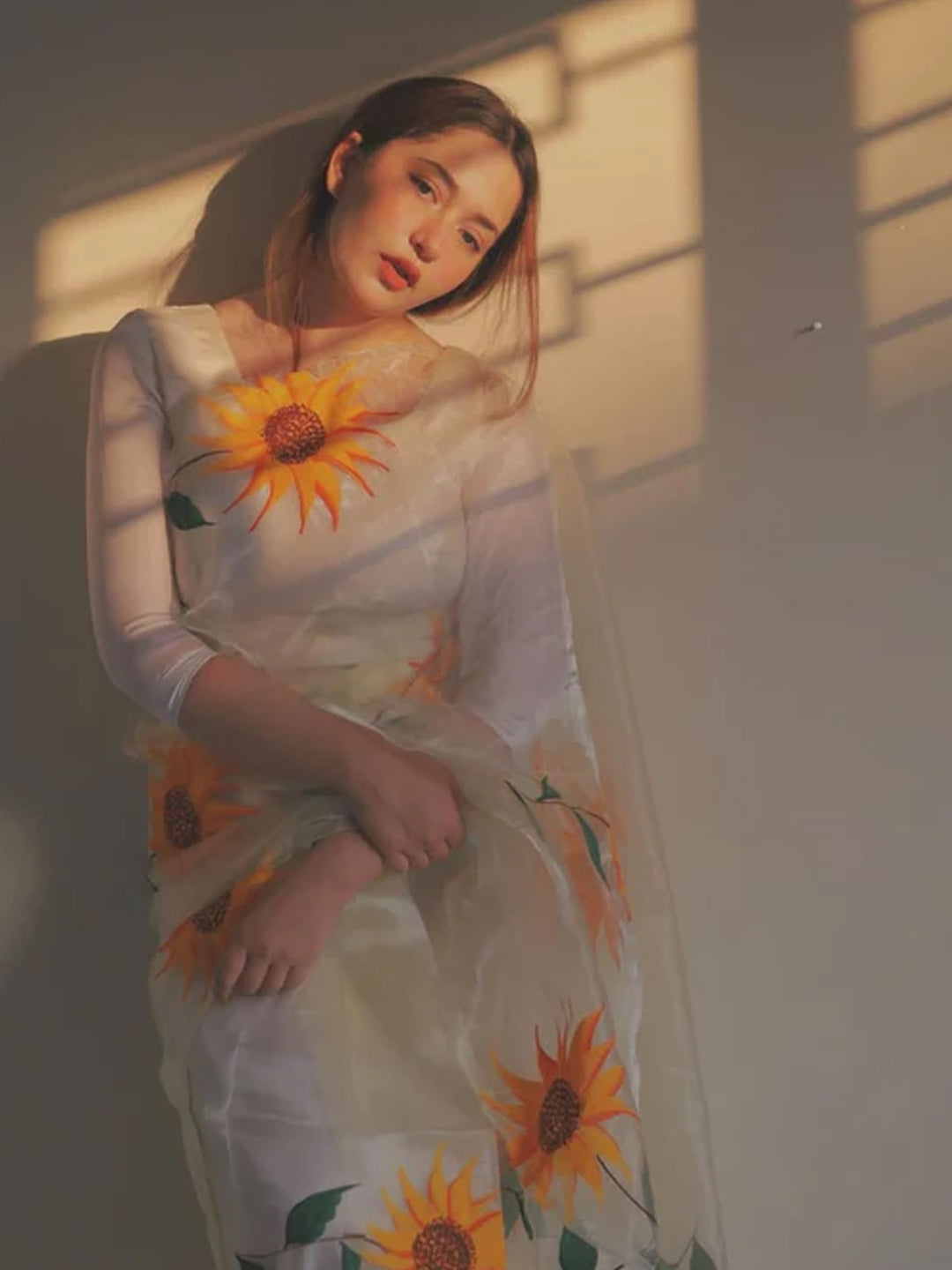 White Sunflower Organza Saree