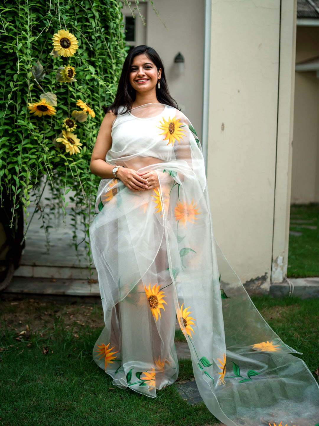 White Sunflower Organza Silk Saree