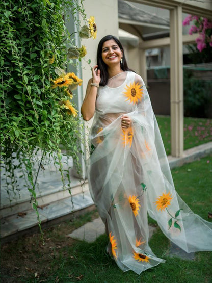 White Sunflower Organza Silk Saree