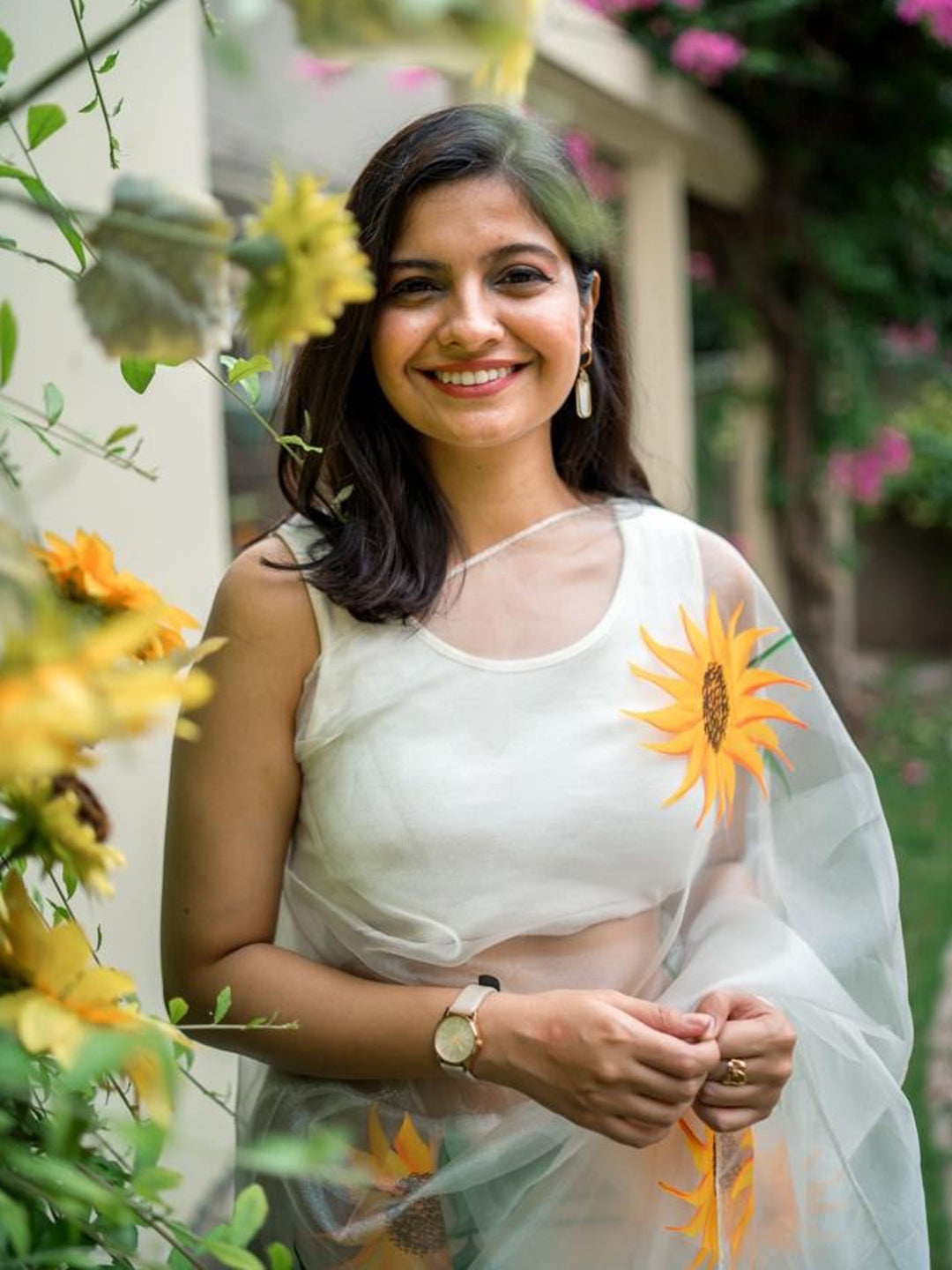 White Sunflower Organza Silk Saree