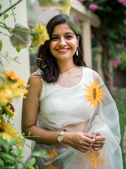 White Sunflower Organza Silk Saree
