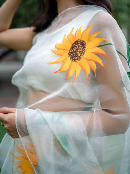 White Sunflower Organza Silk Saree