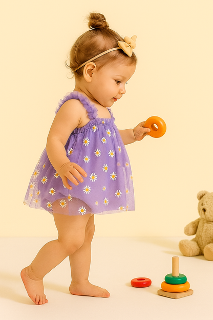 Charming Purple Net Tulle Baby Dress with Daisy Print - Princess Party Frock