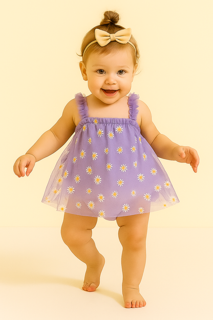 Charming Purple Net Tulle Baby Dress with Daisy Print - Princess Party Frock