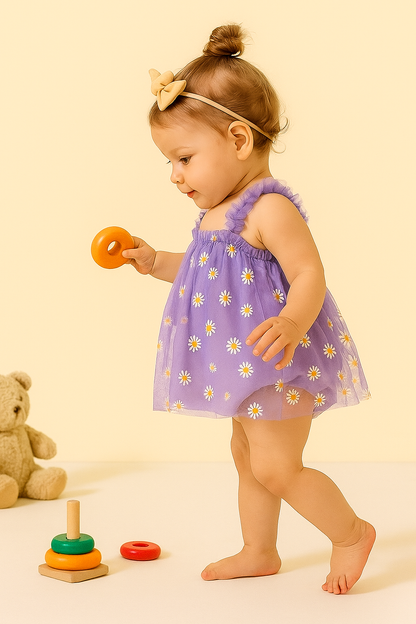 Charming Purple Net Tulle Baby Dress with Daisy Print - Princess Party Frock