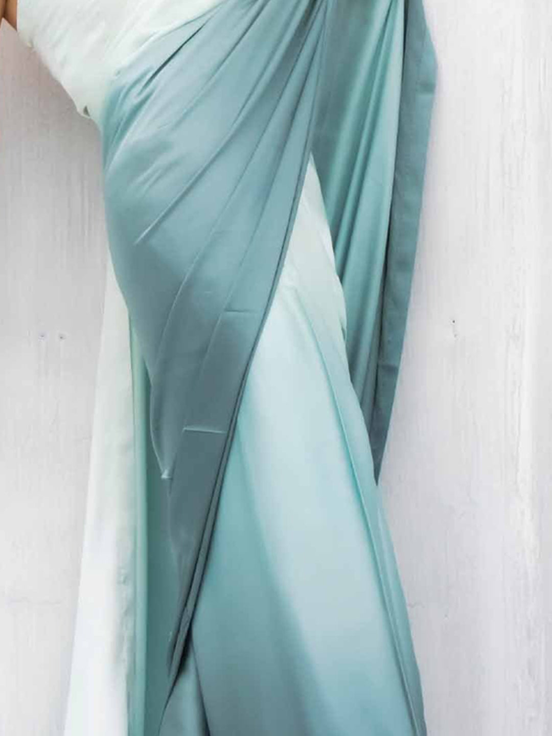 Elegant White Teal Gradient Satin Silk Saree with Halter Blouse