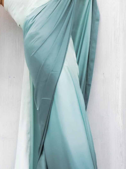 Elegant White Teal Gradient Satin Silk Saree with Halter Blouse