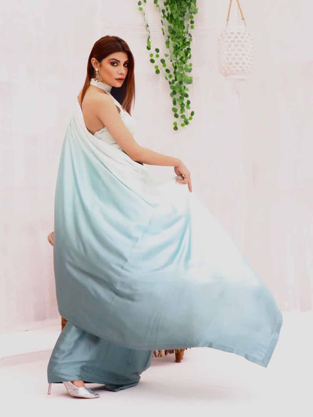 Elegant White Teal Gradient Satin Silk Saree with Halter Blouse