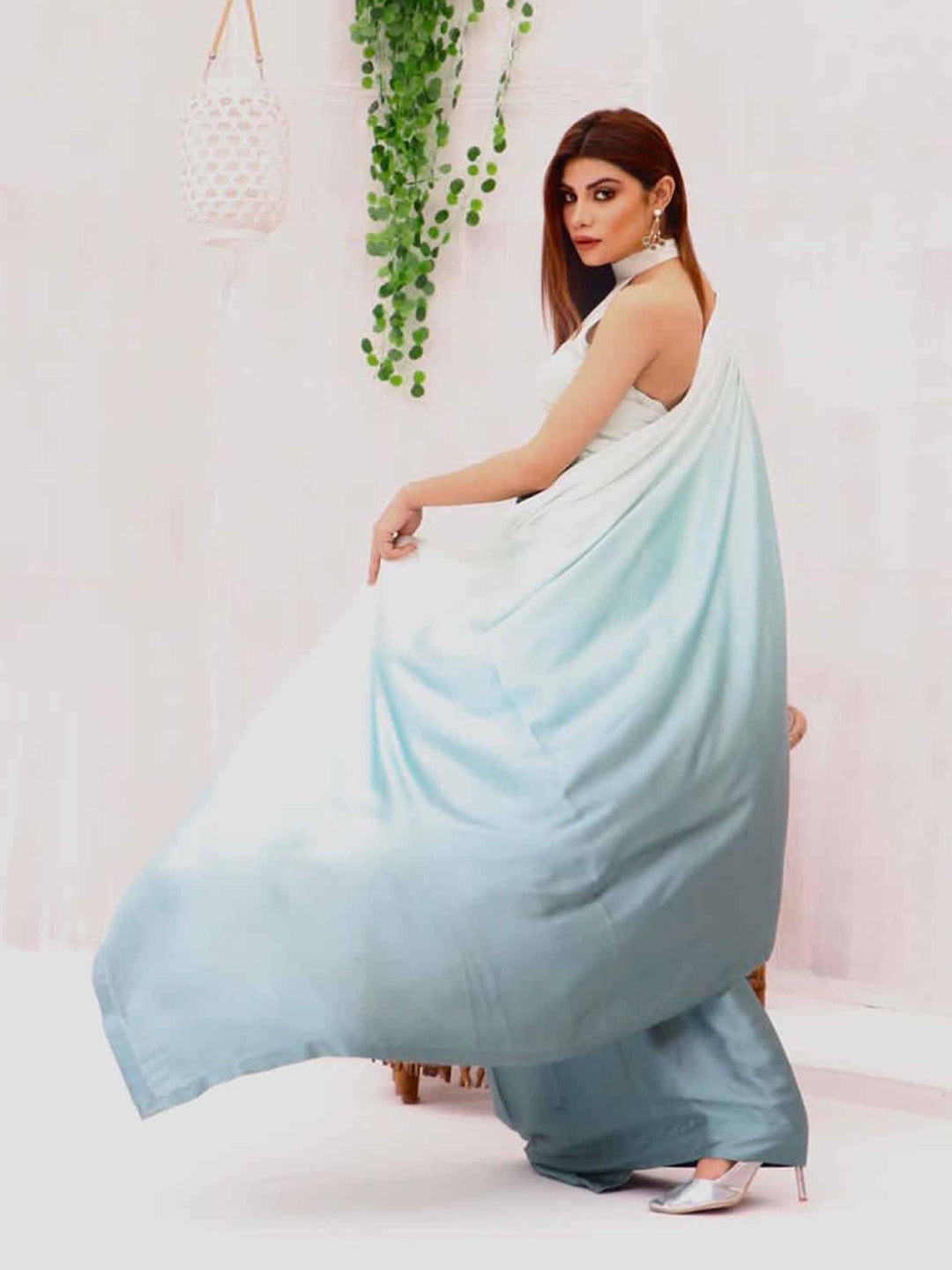 Elegant White Teal Gradient Satin Silk Saree with Halter Blouse