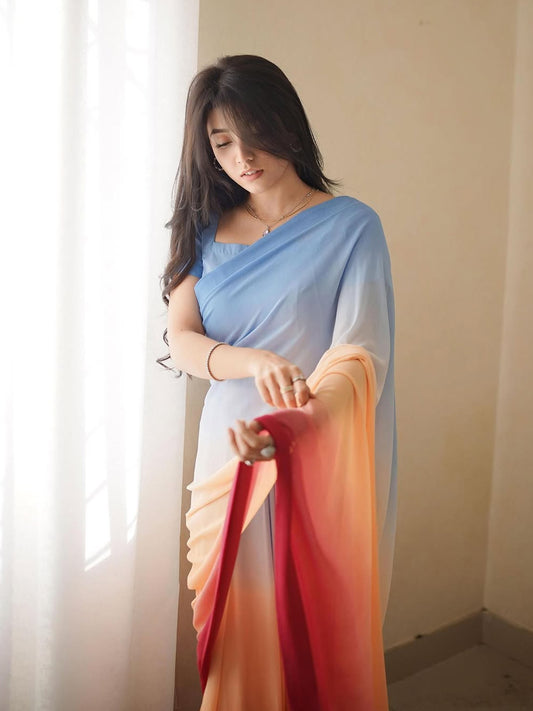 Blue to Red Ombre Saree - Premium Silk Blend with Matching Blouse Piece