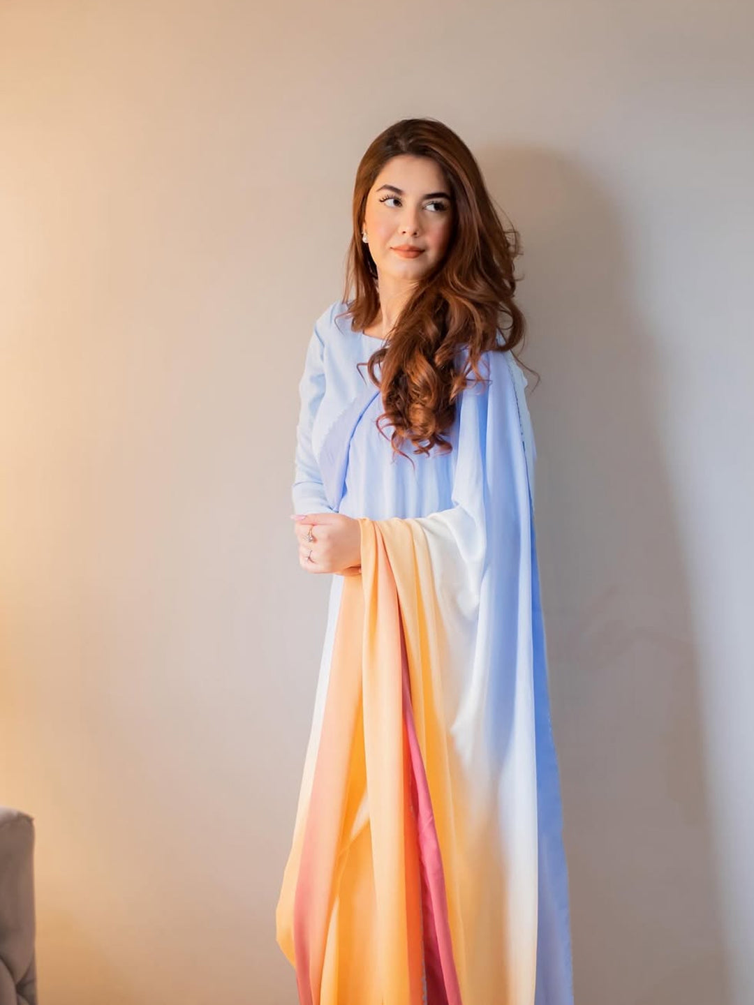 Blue to Pink Coral Ombre Saree - Dreamy Silk Blend with Unstitched Blouse