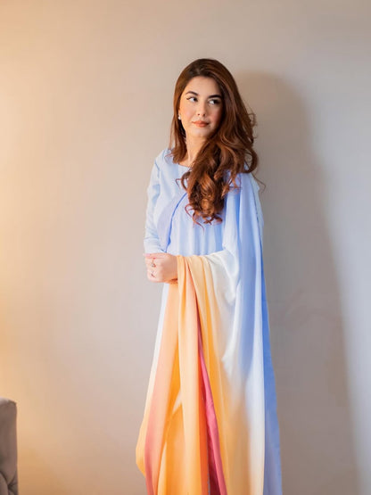 Blue to Pink Coral Ombre Saree - Dreamy Silk Blend with Unstitched Blouse