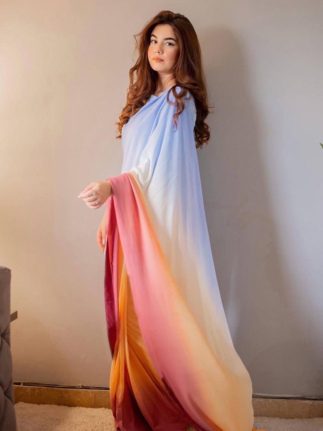 Blue to Pink Coral Ombre Saree - Dreamy Silk Blend with Unstitched Blouse
