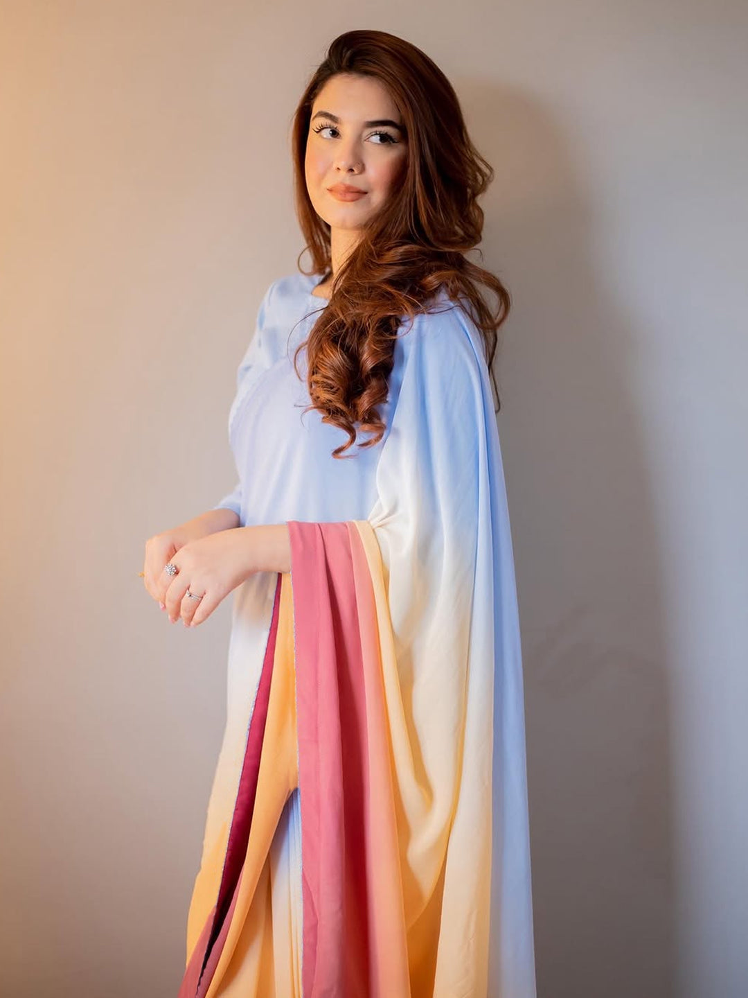 Blue to Pink Coral Ombre Saree - Dreamy Silk Blend with Unstitched Blouse