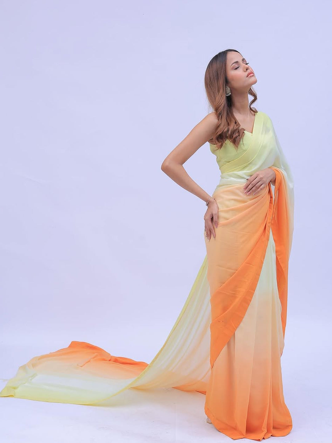 Yellow to Orange Ombre Saree - Lightweight Silk Blend with Unstitched Blouse