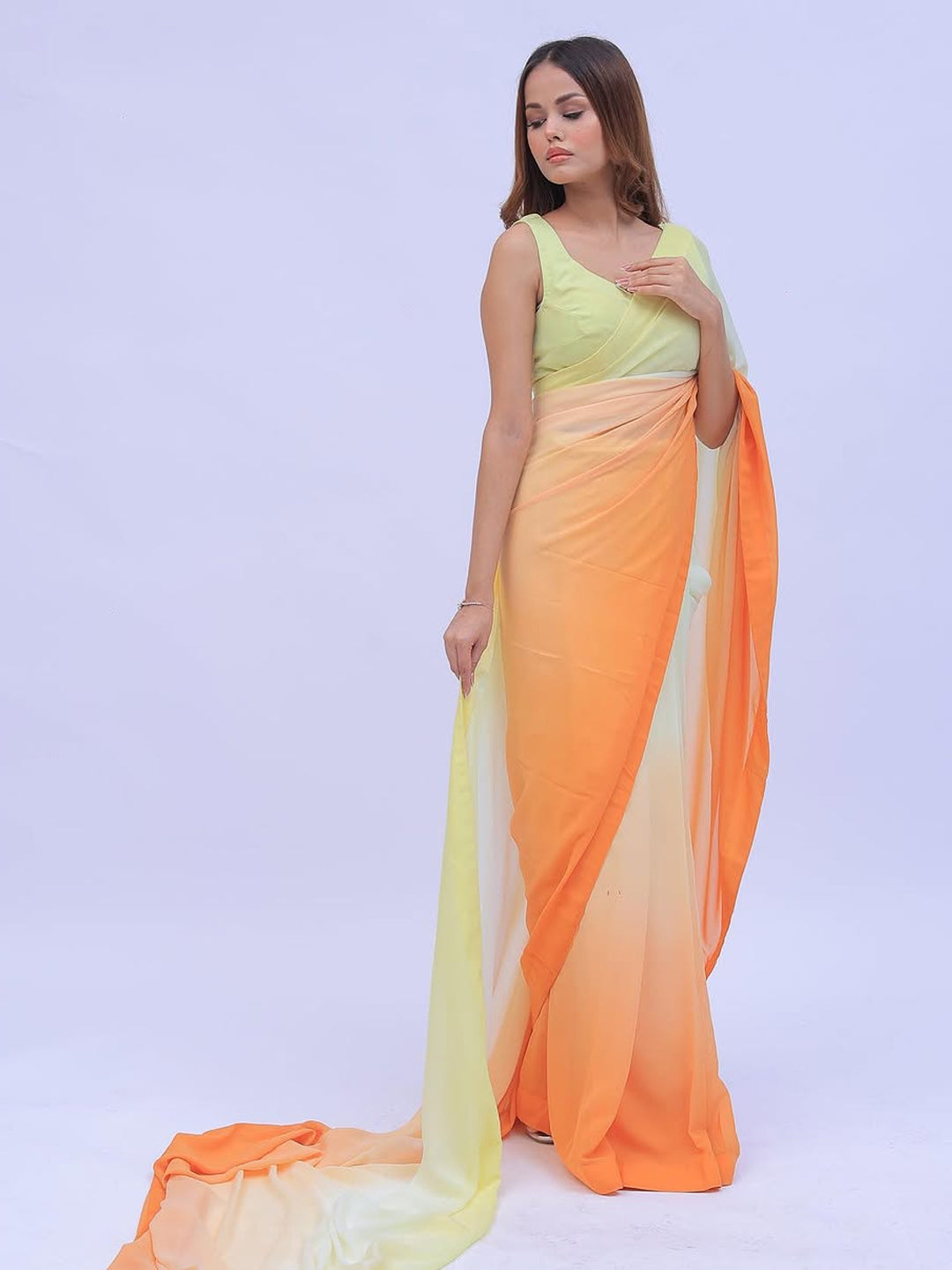 Yellow to Orange Ombre Saree - Lightweight Silk Blend with Unstitched Blouse