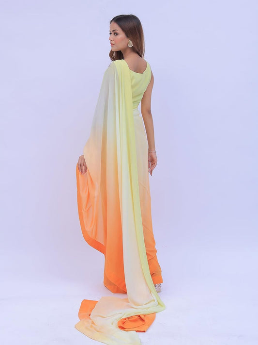 Yellow to Orange Ombre Saree - Lightweight Silk Blend with Unstitched Blouse