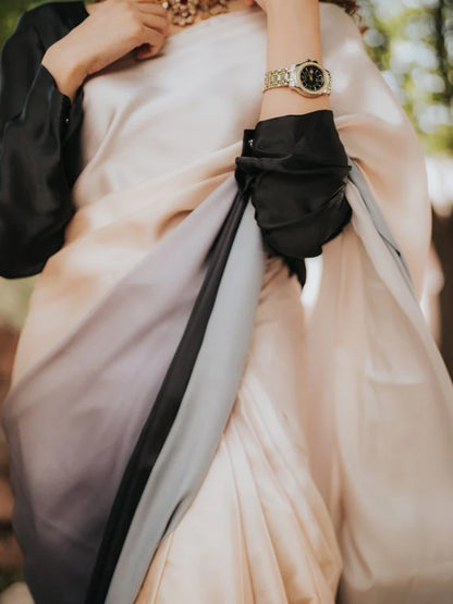 Elegant Peach to Black Gradient Satin Silk Saree - Ombre Designer Drape